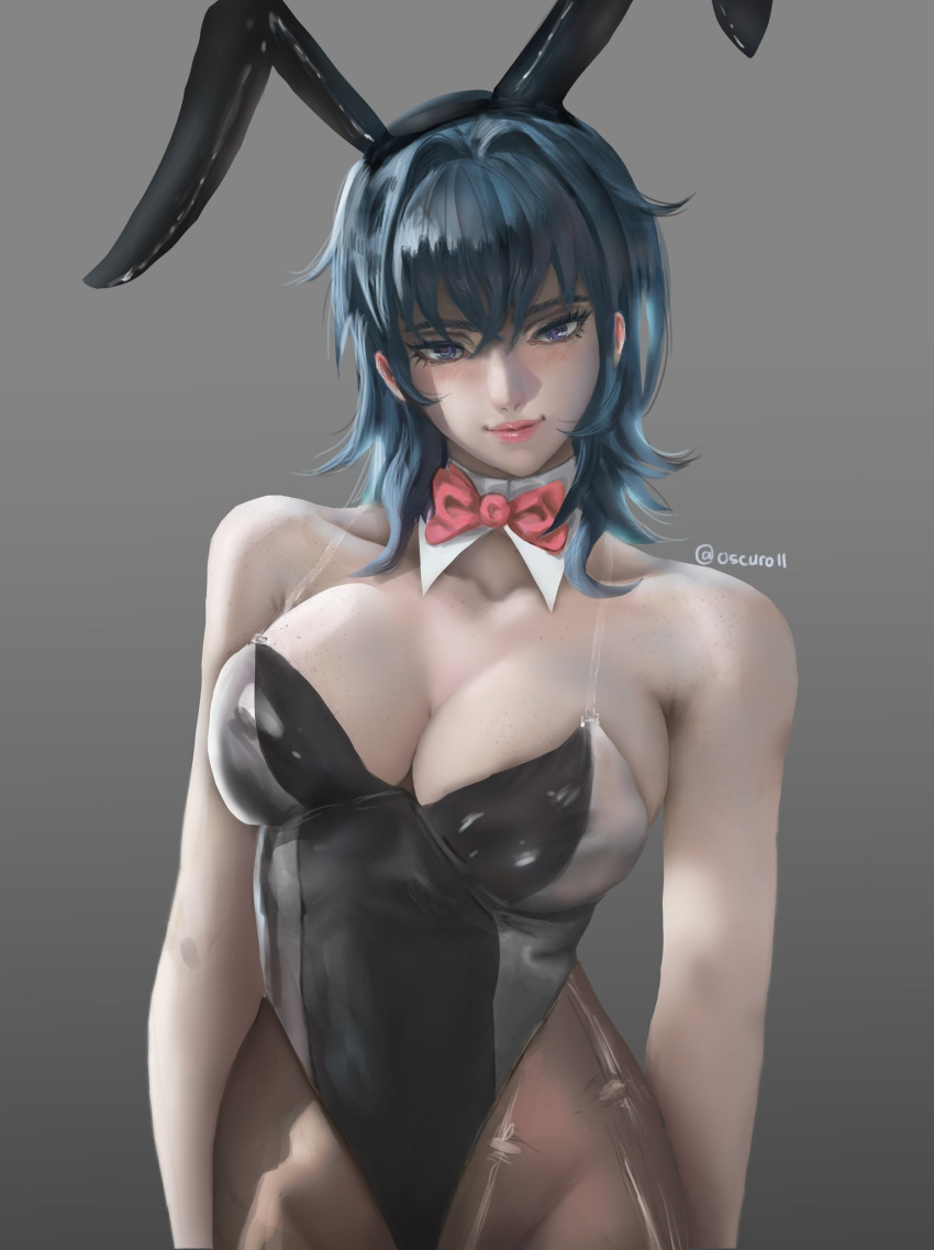 1girls bare_arms bare_shoulders blue_eyes blue_hair blush bowtie bunny_ears bunny_girl bunnysuit byleth_(fire_emblem) byleth_(fire_emblem)_(female) cleavage female fire_emblem fire_emblem:_three_houses large_breasts light_blush lips looking_at_viewer nintendo oscuroii pantyhose seductive seductive_smile smile solo teal_hair thick_lips