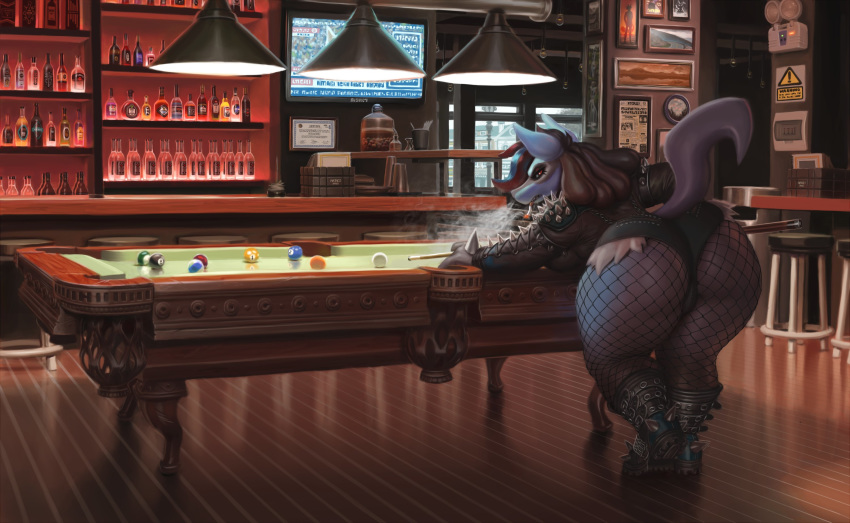 2020 2d_looking_like_3d alcohol angry anthro ass bar beverage big_ass billiard_table blue_body bottle breasts canid canine chair cigarette curvy_figure detailed_background female fishnet furniture furry grumpy hi_res huge_ass hyper_bimbo inside looking_at_viewer lucario mammal nintendo patacon photo pokemon pokemon_(species) pub punk red_eyes smoke smoking solo spikes teeth television thick_thighs video_games voluptuous wide_hips