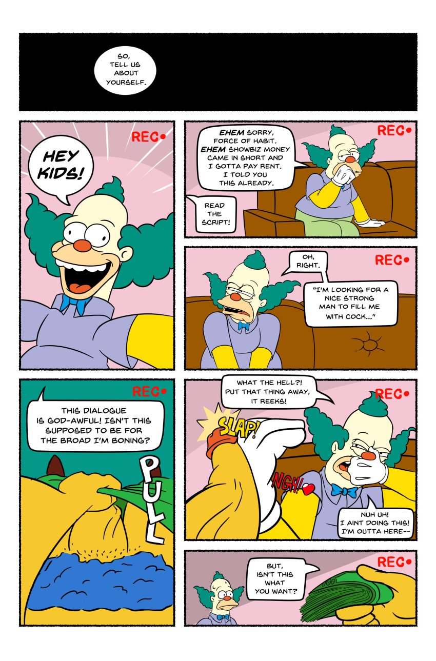 blue_hair blue_pubes blue_pubic_hair bob-jiggles clothed clothing clown comic dialogue erection gloves green_hair half_clothed krusty_the_clown male/male male_only money offering penis porn_dialogue pornography pov recording sound_effects speech_bubble the_simpsons