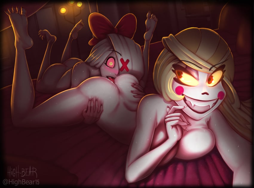 2girls accessory bed blonde_hair blush breasts charlie_morningstar_(hazbin_hotel) completely_nude cunnilingus demon dripping_pussy duo feet female furniture glowing_eyes grey_body grey_skin hair hair_accessory hair_ribbon hairbow hand_on_butt hazbin_hotel hi_res high-bear humanoid humanoid_on_humanoid inside legs_up licking long_hair lying multiple_girls on_bed open_mouth oral photo ribbons rimming selfie sex side_boob smile spread_legs spreading straight_hair toes tongue tongue_out vaggie_(hazbin_hotel) vivienne_medrano white_body white_skin yellow_eyes yuri