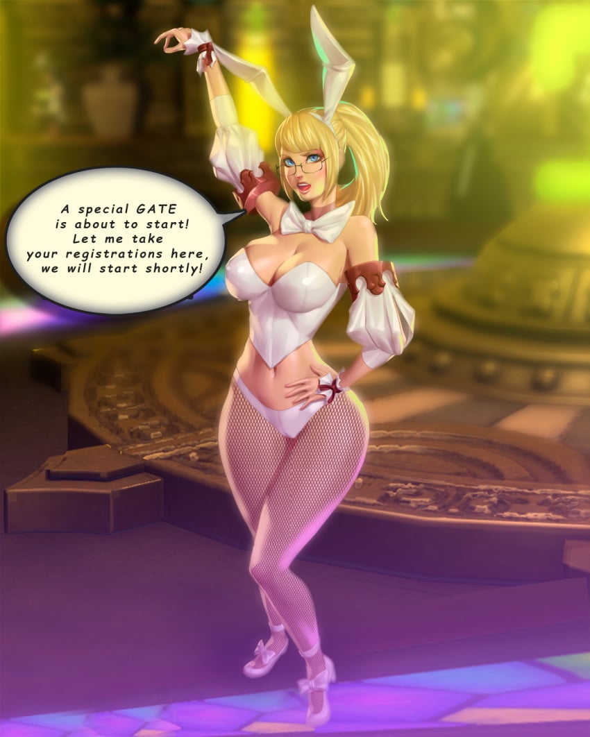 big_breasts blonde_hair bunny_costume bunnysuit final_fantasy final_fantasy_xiv fishnet_stockings glasses gold_saucer highlander hyur moulinbrush samaeliza