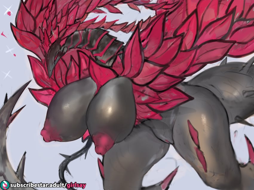 2020 4:3 anthro anthrofied big_breasts black_body black_rose_dragon breasts curvy_figure dragon female genitals girlsay huge_breasts konami nipples non-mammal_breasts nude pussy simple_background solo subscribestar text thick_thighs url voluptuous yu-gi-oh!