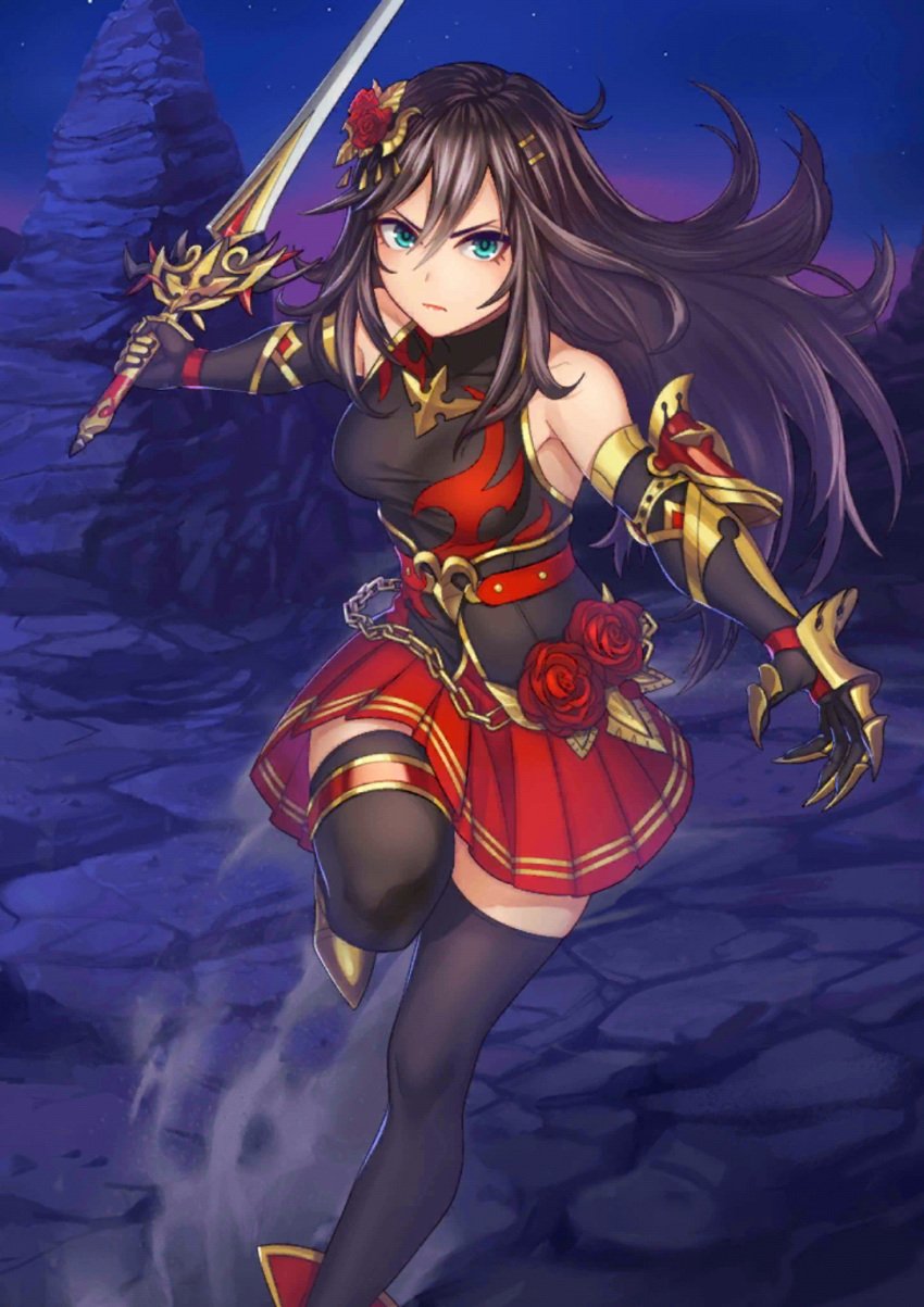 angry astrid_von_draclow_(evertale) black_hair blue_eyes breasts clothed evertale female female_focus female_only hair hair_ornament outside skirt solo solo_female solo_focus sword video_games