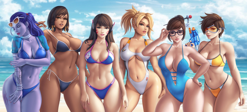 6girls alternate_costume beach bikini blizzard_entertainment blonde_hair blue_bikini bracelet breasts brown_hair brown_skin cleavage clouds cote_d'azur_widowmaker d.va egyptian eyes_closed female female_only fingernails flowerxl glasses hair_ornament hand_on_glasses headphones lips lipstick mei_(overwatch) mercy nail_polish one-piece_swimsuit overwatch pharah purple_skin red_lipstick red_nails sunglasses swimsuit thick_thighs tracer wide_hips widowmaker