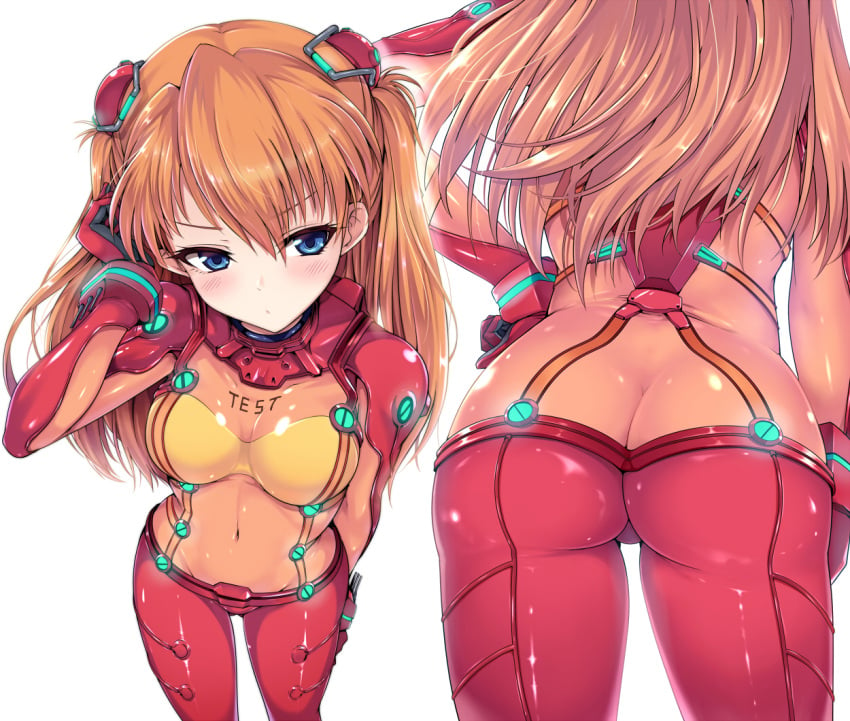 1girls ass asuka_langley_sohryu bangs blush bodysuit breasts butt_crack cleavage closed_mouth clothing covered_navel eyebrows_visible_through_hair female female_only from_above from_behind frown interface_headset kasai_shin long_hair medium_breasts multicolored multicolored_bodysuit multicolored_clothes multiple_views navel neon_genesis_evangelion orange_bodysuit pilot_suit plugsuit rebuild_of_evangelion red_bodysuit skin_tight solo solo_female standing test_plugsuit white_background