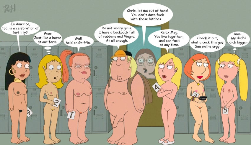 areolae astrohamus backpack bag barbara black_hair blonde_hair breasts brown_hair cape casual chris_griffin cindi_(family_guy) connie_d'amico dark_skin door earrings ellen family_guy female flaccid foreskin freckles human jewelry locker_room loka male medium_breasts meg_griffin midriff navel necklace nipples nude nude_female pale_skin partially_retracted_foreskin penis public public_nudity pussy red_hair sam_(family_guy) shoes small_breasts uncut unshaved_pussy