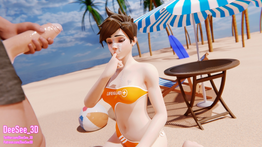 1boy 1boy1girl 1girls 3d beach beach_ball beach_chair beach_umbrella belly belly_button big_penis blizzard_entertainment brown_eyes brown_hair cum cum_on_face cum_on_upper_body cumshot deesee3d dripping_cum facial female female_focus finger_in_mouth finger_sucking huge_cock lifeguard lifeguard_tracer male overwatch short_hair small_breasts smaller_female straight swimsuit tasting tracer