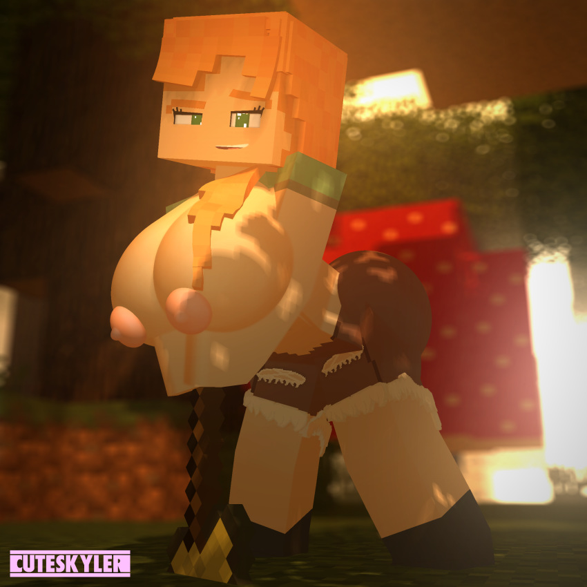 3d alex_(minecraft) big_ass big_breasts brown_skirt cute cuteskyler female female_only forest forest_background golden_axe green_eyes green_t-shirt hourglass hourglass_figure minecraft orange_hair outdoors ripped_clothing skyler skyler_quinn tagme