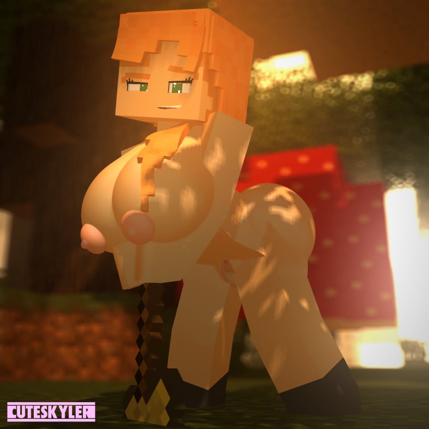 alex_(minecraft) big_ass big_breasts big_nipples cute cuteskyler forest forest_background green_eyes hourglass hourglass_figure minecraft nipples orange_hair pussy skyler_quinn vagina