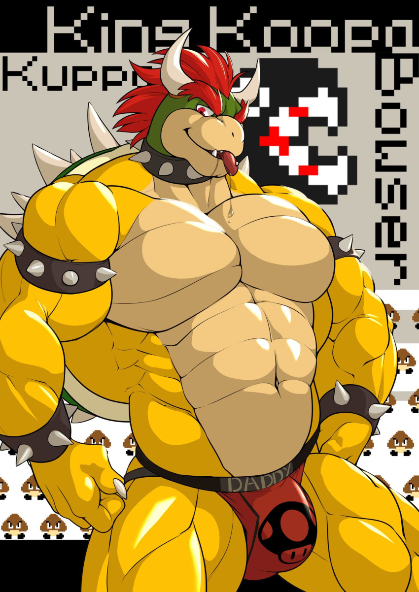 1boy abs bowser bulge bwcat character_name jockstrap male male_only mario_(series) nintendo pecs red_hair solo spiked_armlet spiked_collar spiked_shell standing super_mario_bros. super_mario_bros._(nes) text video_games