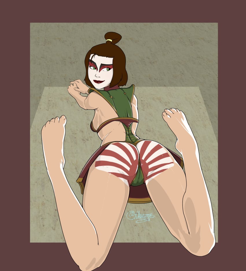 1girls ass ass_focus avatar_legends avatar_the_last_airbender barefoot body_paint breasts brown_hair bubble_butt busty clothed_female earth_kingdom facepaint female female_focus female_only green_eyes hourglass_figure imperial_japan kyoshi_warrior looking_back looking_over_shoulder medium_breasts nude nude_female nudity one-piece_swimsuit pinup pinup_pose prone rising_sun sideboob suki tied_hair undrsydr wide_hips