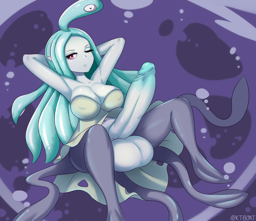 1futa big_breasts big_penis cyan_hair dress erection futanari hands_behind_head huge_cock humanoid humanoid_penis kt80at looking_at_viewer merfolk octo_siren one_eye_closed pointy_ears red_eyes relaxing shantae shantae_and_the_seven_sirens solo straight_hair tentacle_hair white_skin