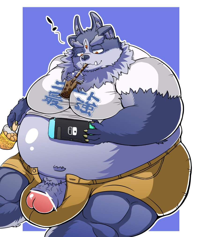 2020 anthro belly beverage bottomwear bubble_tea bulge clothing fur furry genitals hi_res kemono male male_only nintendo nintendo_switch obese obese_anthro obese_male overweight overweight_anthro overweight_male penis shirt shorts sitting solo solo_male tdph2dubnoxxthu tokyo_afterschool_summoners topwear tsathoggua video_games