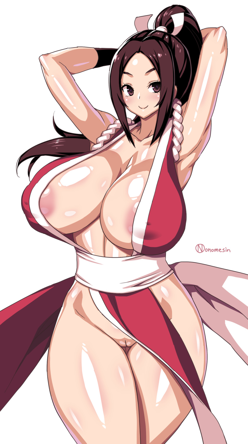 accidental_exposure areola_slip areolae armpits arms_behind_head arms_up blush breasts brown_eyes brown_hair clavicle cleavage cowboy_shot curvaceous fanbox_reward fatal_fury female female_focus female_only female_solo full_cleavage high_resolution huge_breasts light-skinned light-skinned_female long_hair looking_at_viewer mai_shiranui matching_hair_and_eye_color milf ninja no_bra no_panties no_underwear nopan onomeshin paid_reward pelvic_curtain pelvic_curtain_aside ponytail puffy_areolae puffy_areolae_under_clothes pussy revealing_clothes shiny shiny_skin smile solo thighs third-party_edit tied_hair uncensored vagina very_high_resolution white_background