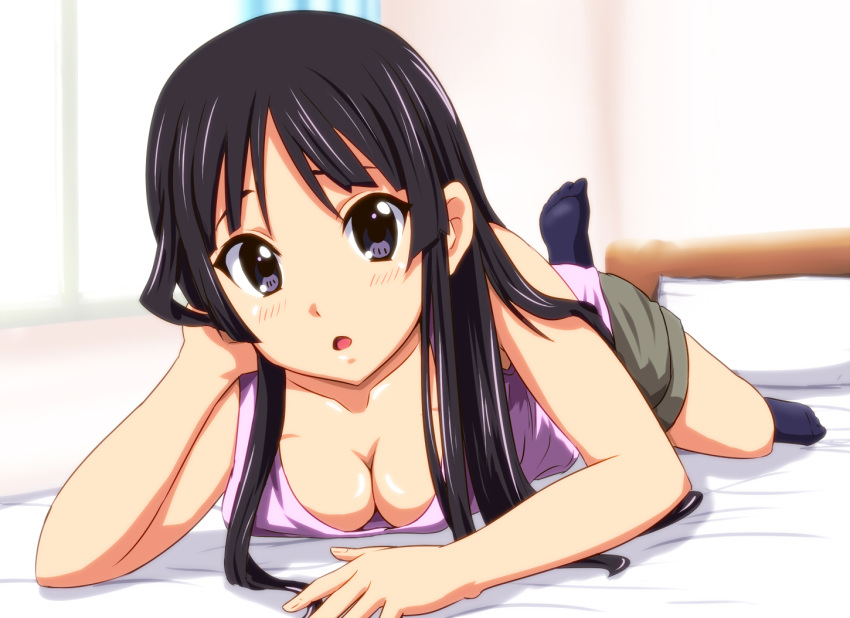 1girl bed black_eyes black_hair black_legwear black_socks blush breasts casual cleavage diesel diesel-turbo downblouse female footwear hand_in_hair k-on! knee_high_socks laying_down leg_up light-skinned long_hair looking_at_viewer lying medium_breasts mio_akiyama_(k-on!) no_bra on_stomach open_mouth perspective pillow purple_eyes socks solo surprised tagme tank_top wallpaper window