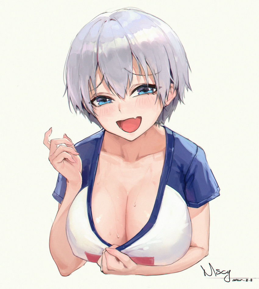 1girls big_breasts blue_eyes breasts cleavage cute cute_fang eyelashes fangs female fringe grey_hair happy huge_breasts inviting light_skin looking_at_viewer miyama_tsubaki_me pale_skin pixiv provocative school_uniform schoolgirl short short_hair shy smile smug sweat teenager two_tone_hair uzaki-chan_wa_asobitai! uzaki_hana voluptuous white_hair