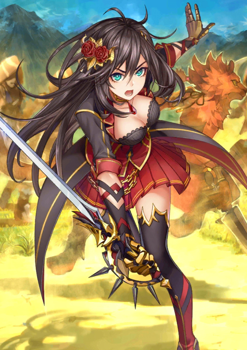 angry astrid_von_draclow_(evertale) black_hair blue_eyes breasts cleavage clothed evertale female female_focus female_only hair hair_ornament open_mouth outside skirt solo solo_female solo_focus sword video_games