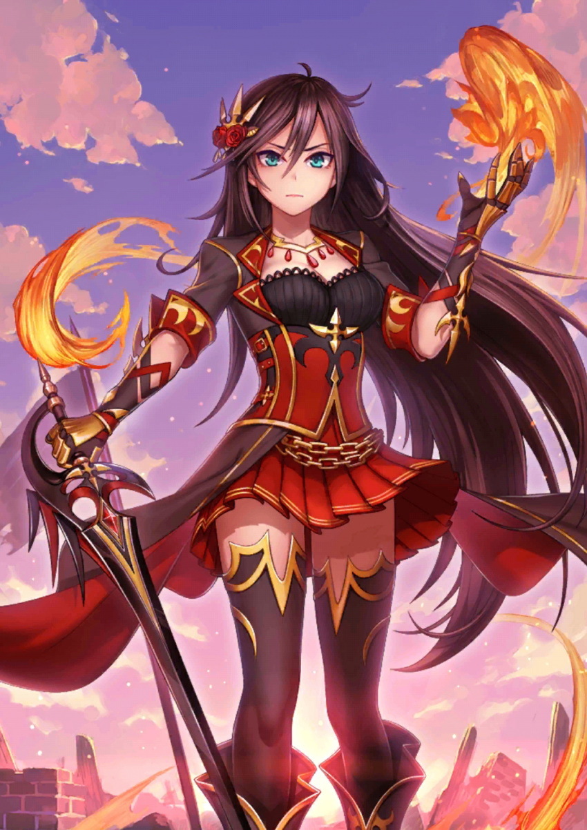 angry astrid_von_draclow_(evertale) black_hair blue_eyes breasts clothed evertale female female_focus female_only hair hair_ornament outside skirt solo solo_female solo_focus sword video_games