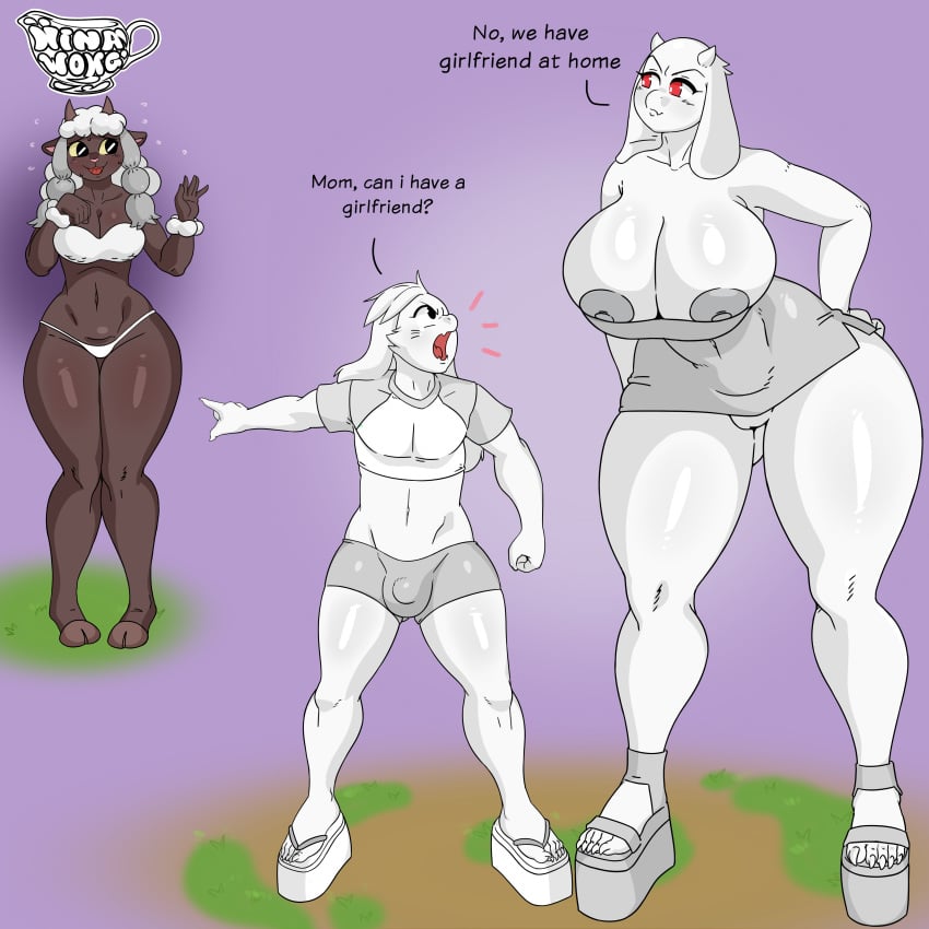 1boy 2girls anthro asriel_dreemurr bulge creamygravy dialogue dress female furry goat heels_fetish high_heels male meme microdress minidress minishirt minishorts mother mother_and_son nipple_bulge platform_clogs platform_footwear platform_heels platform_high_heels platform_sandals pointing pokemon pokemon_(species) pussy_slip sandal_fetish sandals sheep short_shirt short_shorts son toriel undertale useless_clothing vagina we_have_food_at_home_(meme) wooloo