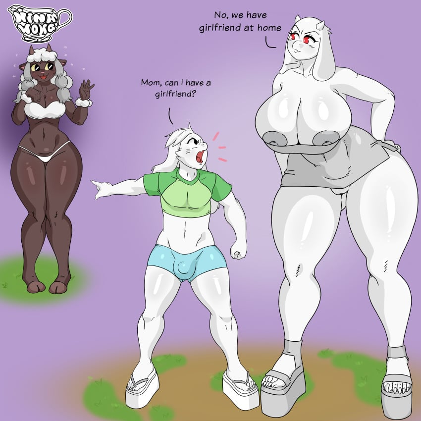 1boy 2girls anthro asriel_dreemurr bulge creamygravy dialogue dress female furry goat heels_fetish high_heels male meme microdress minidress minishirt minishorts mother mother_and_son nipple_bulge platform_clogs platform_footwear platform_heels platform_high_heels platform_sandals pointing pokemon pokemon_(species) pussy_slip sandal_fetish sandals sheep short_shirt short_shorts son toriel undertale useless_clothing vagina wooloo