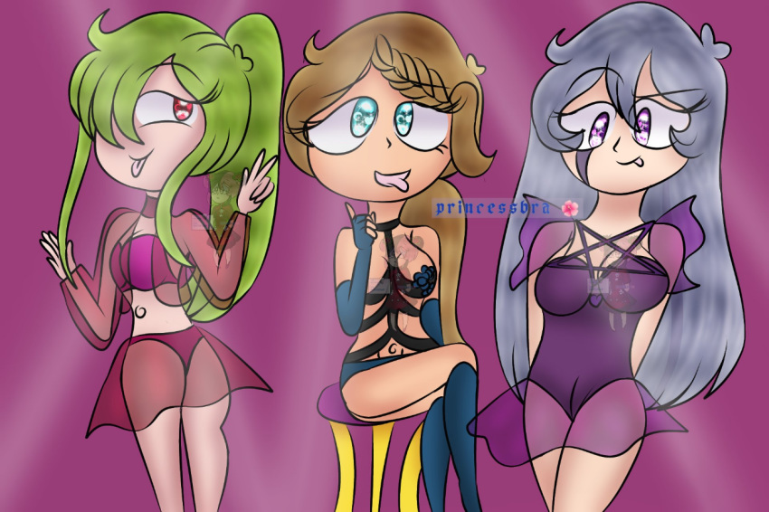 3girls artist_request big_breasts blonde_hair blue_eyes cami_(fnafhs) clothed female_only fhs fhsz3r0 fnafhs fnafhs_z3ro green_hair joy_(fnafhs) long_hair mai_(fnafhs) multiple_girls peace_sign purple_eyes red_eyes small_breasts v_sign white_hair