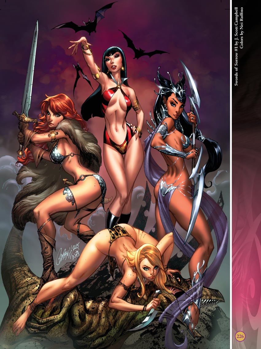 4girls a_princess_of_mars armlet ass barsoom bats black_hair blonde_hair blue_eyes boots bracelet bubble_butt chainmail chainmail_bikini crossover dejah_thoris female female_only gloves green_eyes holding_weapon j_scott_campbell john_carter_of_mars jungle_girl large_breasts loincloth long_hair martian multiple_girls nei_ruffino official_art on_all_fours pink_skin purple_eyes red_hair red_sonja red_sonja_(comics) revealing_clothes royalty sheena sword tooth_necklace vampire vampirella voluptuous