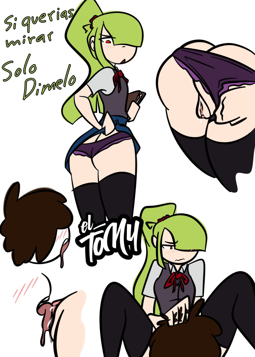 brown_hair cami_(fnafhs) clothed_female_nude_male embarrassed fnafhs fnafhs_z3ro freddy_(fnafhs) green_hair hand_on_head legs_apart legs_spread licking_pussy ponytail red_eyes school_uniform schoolgirl short_hair showing_ass showing_panties