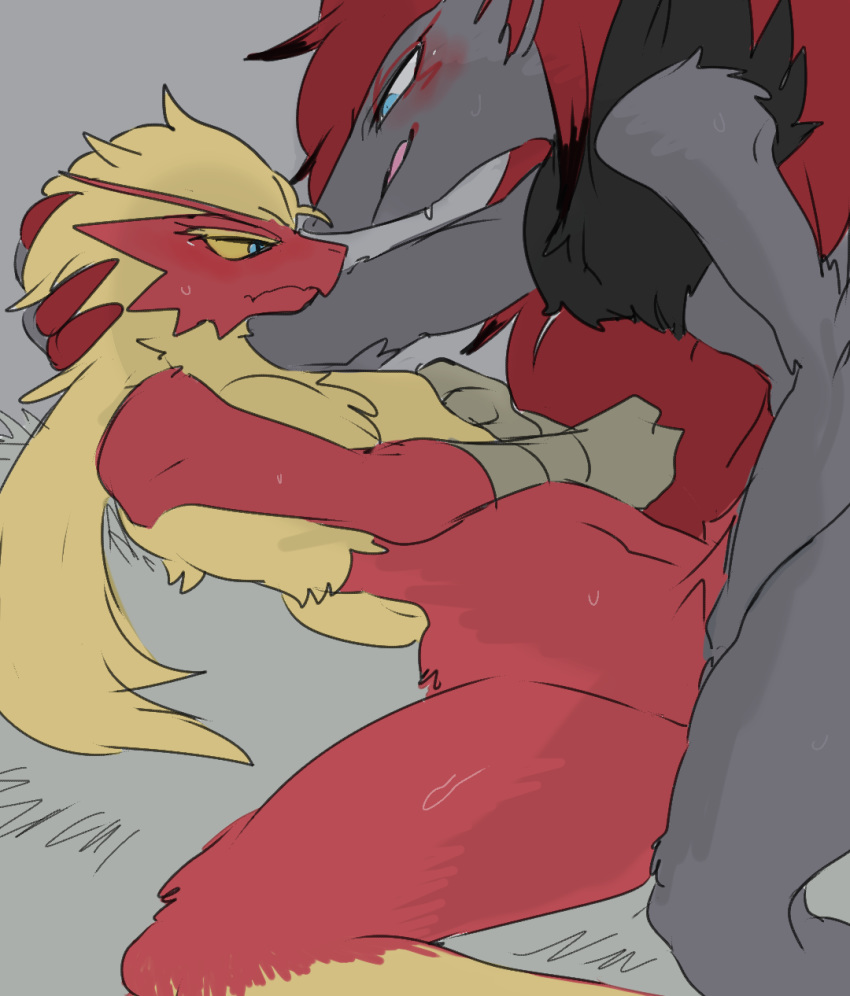 1boy 1girls anthro avian bird blaziken blue_eyes blush bodily_fluids canid canine claws duo female female_blaziken femsub fur genitals grey_body grey_fur hair half-closed_eyes hi_res male male/female male_zoroark maledom mammal meisaikawaii narrowed_eyes nintendo nude pokemon pokemon_(species) sex simple_background sweat tongue tongue_out video_games yellow_sclera zoroark