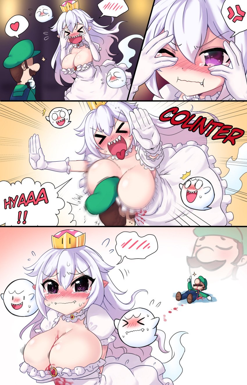 >_< 1boy 1girls 2018 4koma absurd_res anger_vein attack blood blood_stain blush boo_(mario) boosette breast_hold breast_smother breast_squish brown_hair cap choker cleavage closed_eyes clothed clothing comic covering covering_face crossed_arms crown curvy defeated dress elbow_gloves embarrassed english_text eyebrows_visible_through_hair female flying_sweatdrops ghost gloves green_clothing hat heart highres jewelry jumping long_hair looking_at_another luigi luigi's_mansion lying male male_with_female mario_(series) moustache new_super_mario_bros._u_deluxe nintendo nosebleed on_back one_eye_closed open_mouth overalls pouting purple_eyes rayno ringed_eyes rule_63 satisfied screaming sharp_teeth shoes skirt smile sparkle speech_bubble speed_lines spoken_anger_vein spoken_blush spoken_heart straight super_crown surprised sweat tears teeth text thumbs_up tongue tongue_out very_long_hair walking wavy_mouth white_body white_dress white_gloves white_hair