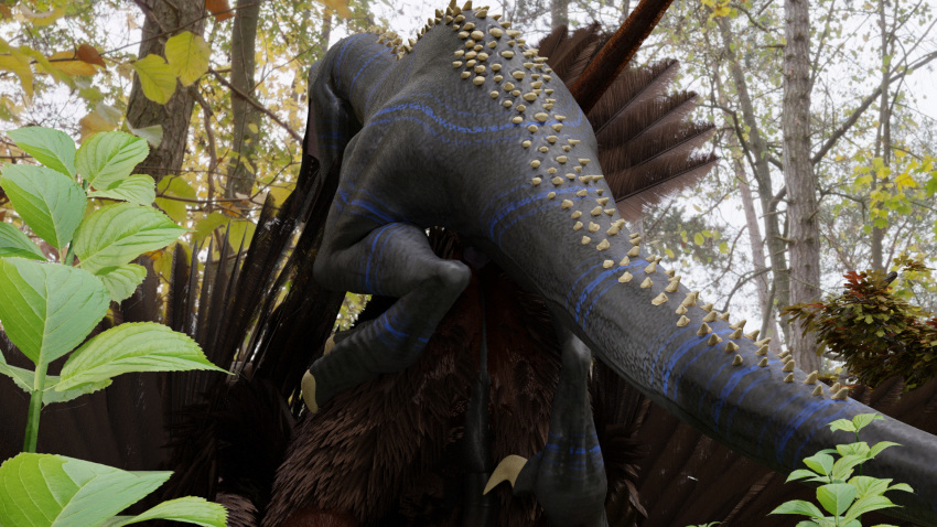 16:9 3d anal avian bird dinosaur dromaeosaurid duo feral gryphon hi_res male male/male mythological_avian mythology outside raven555 reptile scalie theropod widescreen