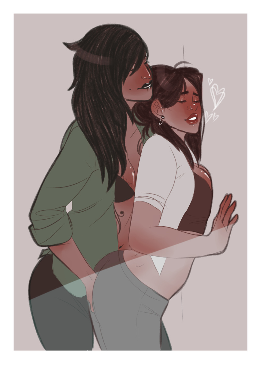 2girls against_wall artist_request big_breasts biting_lip black_hair black_lipstick blush bra breasts brown_hair closed_eyes clothed clothed_sex clothes clothing damara_megido dark-skinned_female dark_skin eyebrow_piercing femdom femsub fingering fingering_through_clothes heart homestuck humanstuck lipstick long_hair mole mole_under_eye ms_paint_adventures multiple_girls nose_piercing open_clothes open_shirt partially_clothed piercing porrim_maryam red_lipstick sports_bra undressing yuri