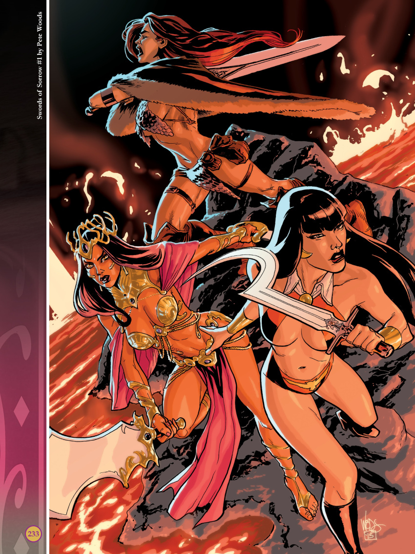 3girls a_princess_of_mars action_pose barsoom black_hair boots cape chainmail chainmail_bikini cleavage crossover dejah_thoris gloves holding_weapon john_carter_of_mars large_breasts loincloth long_hair martian official_art pete_woods pink_skin red_hair red_sonja red_sonja_(comics) revealing_clothes royalty shoulder_armor sword thick_thighs vampire vampirella voluptuous