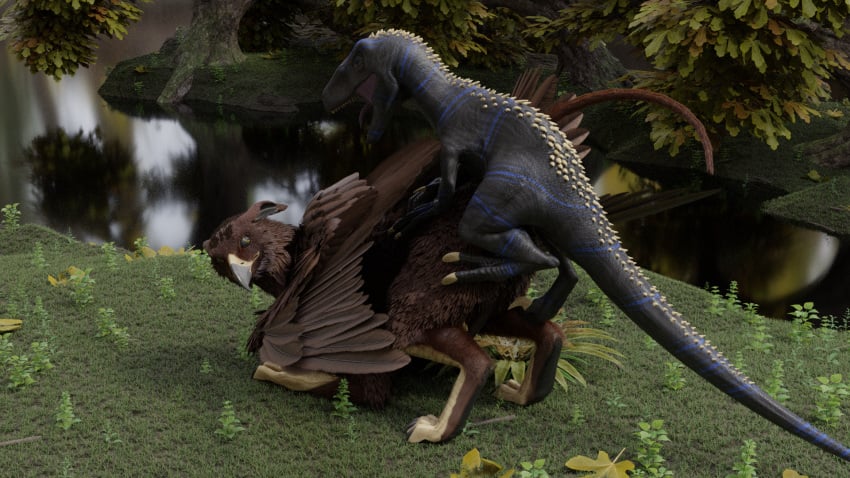 16:9 3d anal avian bird dinosaur dromaeosaurid duo feral gryphon hi_res male male/male mythological_avian mythology outside raven555 reptile scalie theropod widescreen