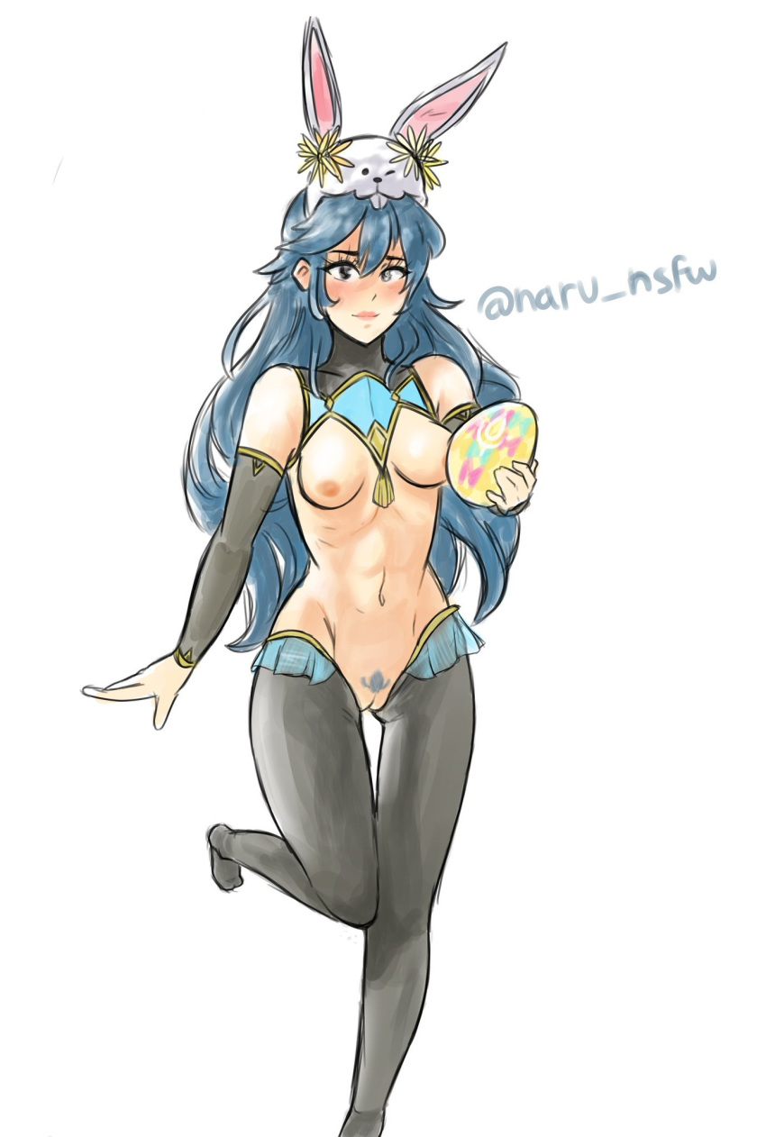 1girls blue_eyes blue_hair blush bunny_ears bunny_girl bunnysuit egg female fire_emblem fire_emblem_awakening leggings lips long_hair looking_at_viewer lucina_(fire_emblem) lucina_(spring)_(fire_emblem) midriff naru_nsfw nintendo nipples pubic_hair pussy reverse_bunnysuit small_breasts solo solo_female