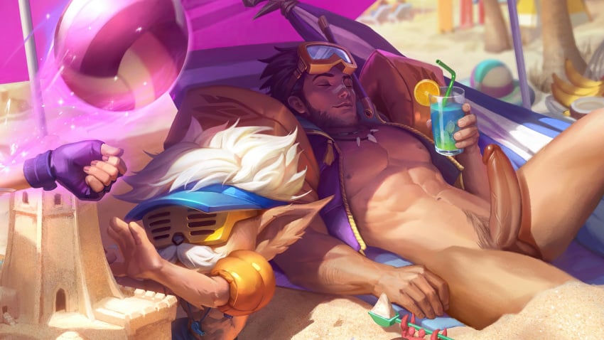 2boys artist_request bara beach erect_penis erection facial_hair heimerdinger jarvan_lightshield_iv league_of_legends long_hair long_hair_male male_only outdoors outside pool_party_heimerdinger pool_party_jarvan_iv riot_games tagme