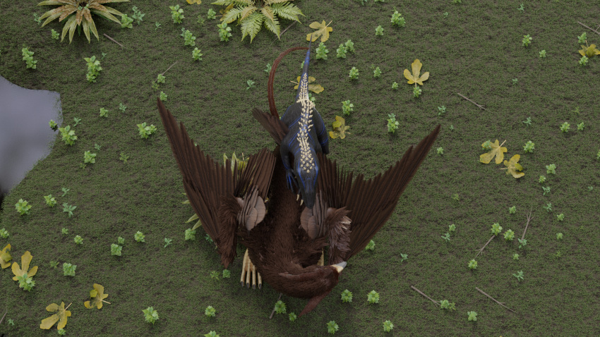 16:9 3d anal avian bird dinosaur dromaeosaurid feral gryphon hi_res male male/male mythological_avian mythology outside raven555 reptile scalie theropod widescreen