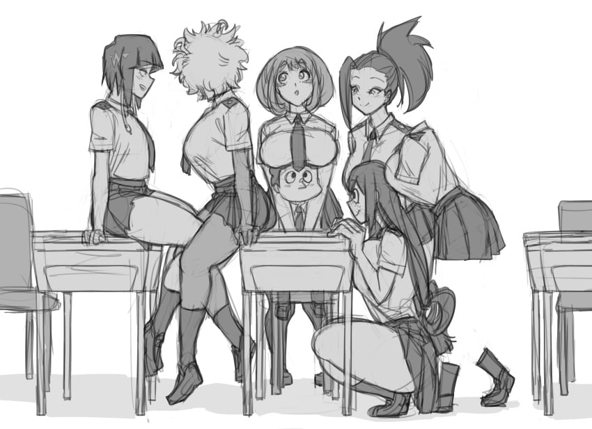 1boy 6girls breasts breasts_on_head female hagakure_tooru_(invisible) huge_breasts karmaniac kyoka_jiro larger_female male mina_ashido minoru_mineta momo_yaoyorozu my_hero_academia ochako_uraraka school_uniform shounen_jump size_difference sketch smaller_male thick_thighs tooru_hagakure tooru_hagakure_(invisible) tsuyu_asui