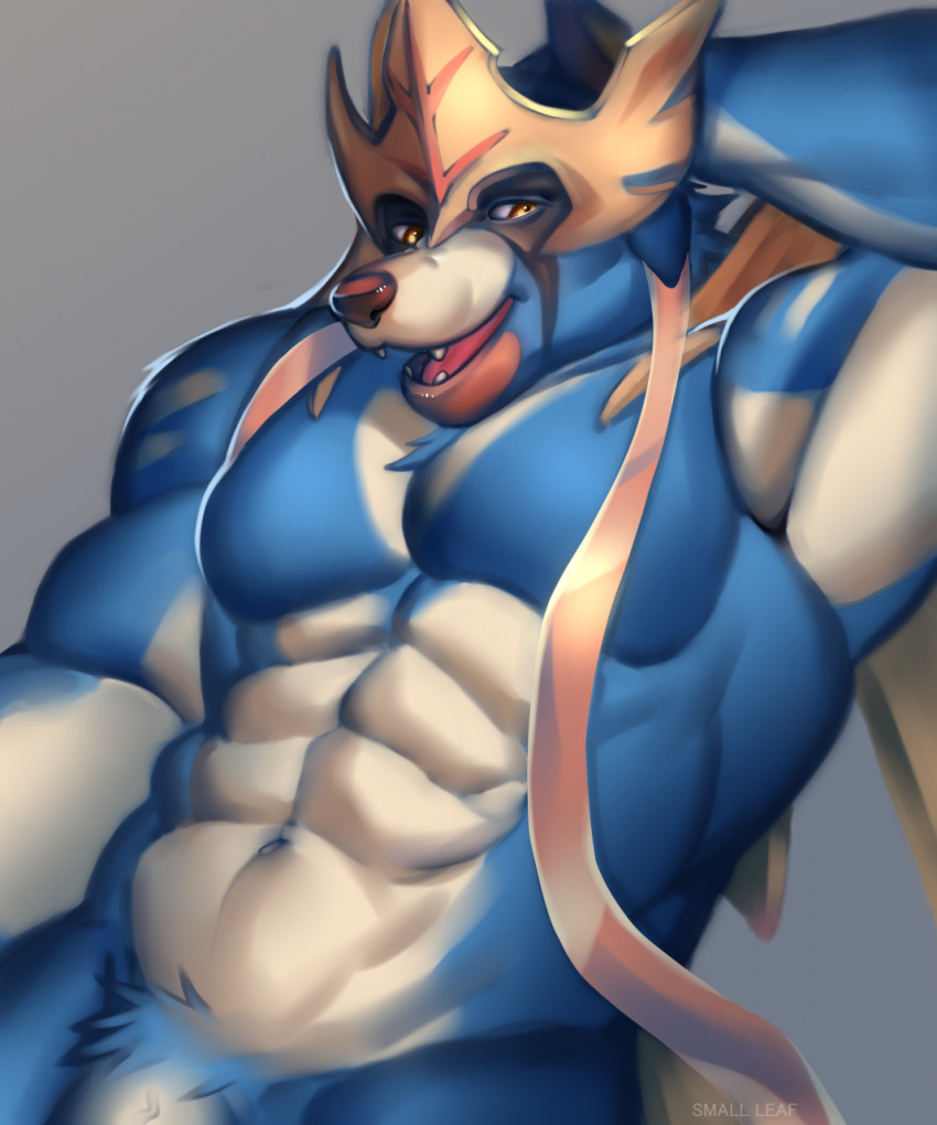 2020 abs anthro anthrofied bara canid canine crowned_sword_zacian genitals grey_background hi_res legendary_pokémon male mammal muscular muscular_anthro muscular_male nintendo open_mouth pecs penis pokémon_(species) pokemon simple_background small_leaf_art smile solo solo_male video_games zacian