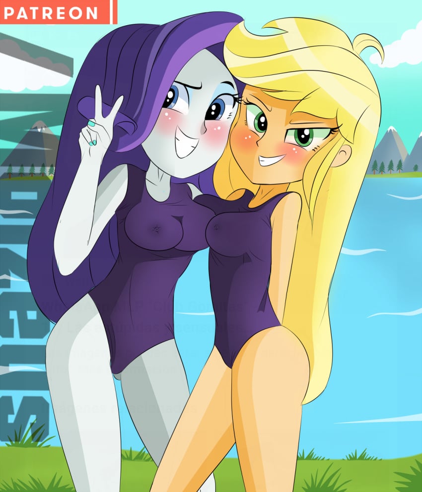 applejack_(eg) applejack_(mlp) equestria_girls everfree_forest humanized moizeus my_little_pony rarity_(eg) rarity_(mlp) swimsuit two