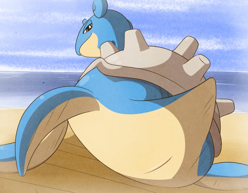 2020 beach beautyfromabove digital_media_(artwork) female feral genitals hi_res horn lapras looking_at_viewer looking_back marine nintendo pokemon presenting pussy sand seaside smile video_games water