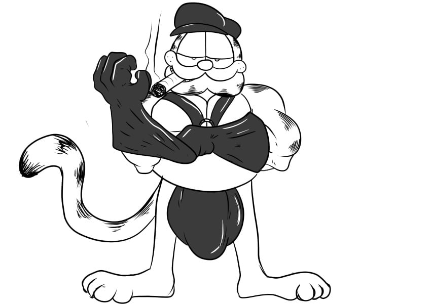 2019 absurd_res anthro balls_outline bulge clothing domestic_cat felid feline felis garfield_(series) garfield_the_cat genital_outline hat headgear headwear hi_res humanoid_hands leather_daddy male male_only mammal monochrome nickelodeon overweight overweight_anthro overweight_male paws,_inc. penis_outline ryusuke573 simple_background smoking solo white_background