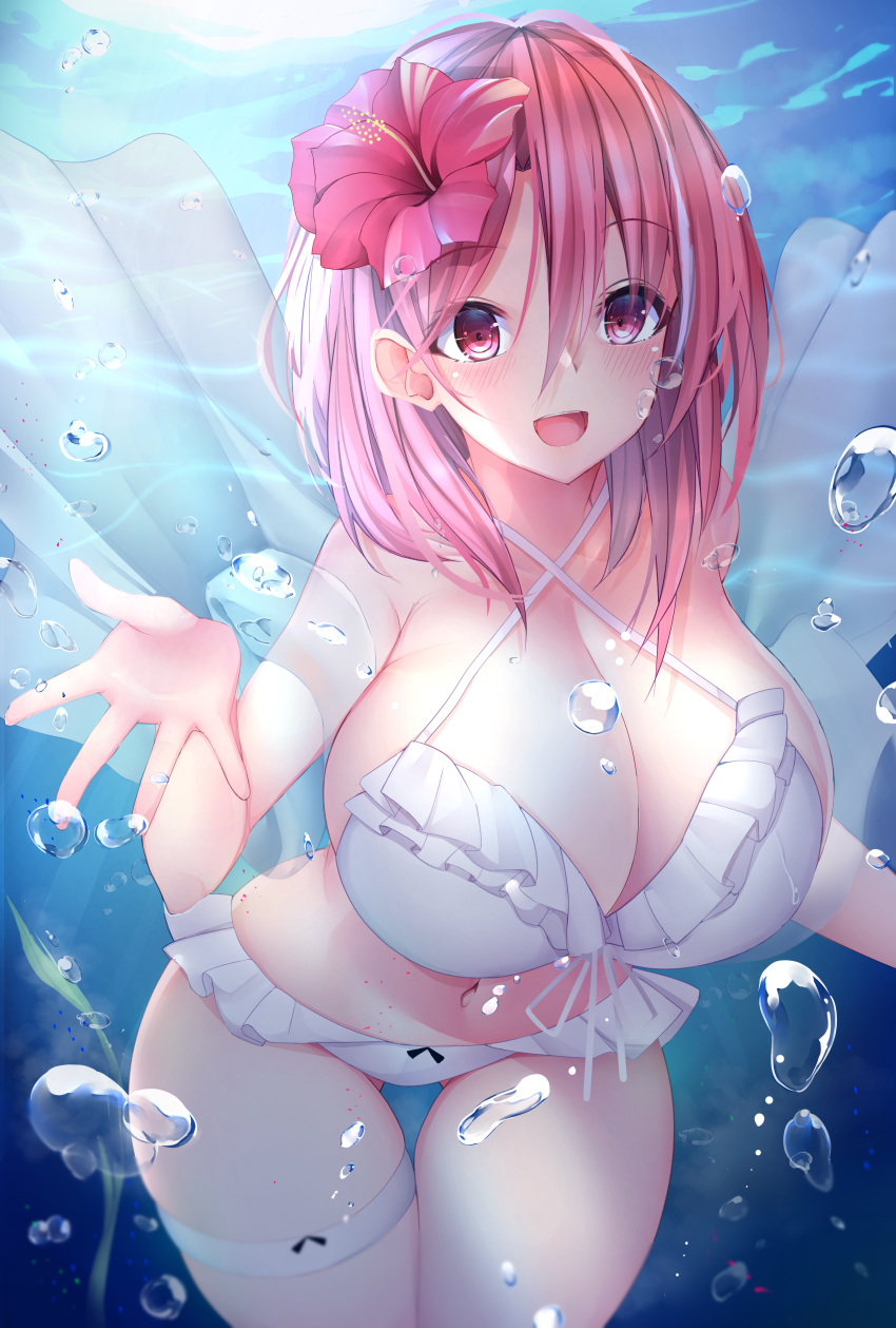 1girls azur_lane bikini black_prince_(azur_lane) black_prince_(white_princess)_(azur_lane) breasts bubbles cleavage female female_only flower flower_in_hair g3bit10 hi_res huge_breasts light-skinned_female light_skin pink_eyes pink_hair royal_navy_(azur_lane) underwater