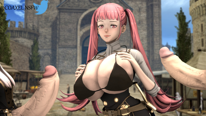 1futa 1girls 3d bikini_top bra coaxel female fire_emblem fire_emblem:_three_houses futanari garreg_mach_monastery_uniform hilda_valentine_goneril huge_breasts hyper_breasts large_breasts looking_at_viewer lysithea_von_ordelia nintendo penis pink_eyes pink_hair raised_eyebrow raised_eyebrows sideboob smug twintails underboob