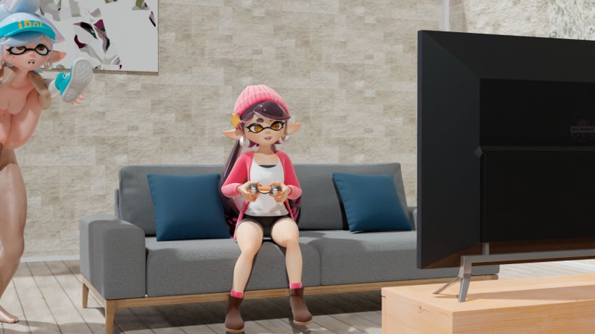 16:9 1boy 2girls 3d black_hair breasts callie_(casual) callie_(splatoon) cap cephalopod cephalopod_humanoid clothing controller couch earrings fangs from_behind gaming humanoid jacket jos_bobot large_penis lifting living_room looking_up marie_(splatoon) marie_(wo262) nintendo nipples oblivious_woman_in_glasses_playing_video_games_(meme) out_of_frame penetration penis pillow pointy_ears shoes socks splatoon squid_sisters star_shaped_pupils stealth_sex tv uncensored vaginal_penetration white_hair yellow_eyes