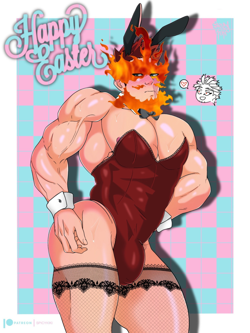 abs ambush_(trap) blue_eyes bulge bunny_ear bunnysuit crossdressing endeavor_(my_hero_academia) enji_todoroki facial_hair femboy femboy_dilf hawks_(my_hero_academia) keigo_takami lingerie male_only manly_crossdresser muscle muscles my_hero_academia nipples partially_clothed partially_nude red_hair solo solo_male spicykiki thighhighs thighs veins