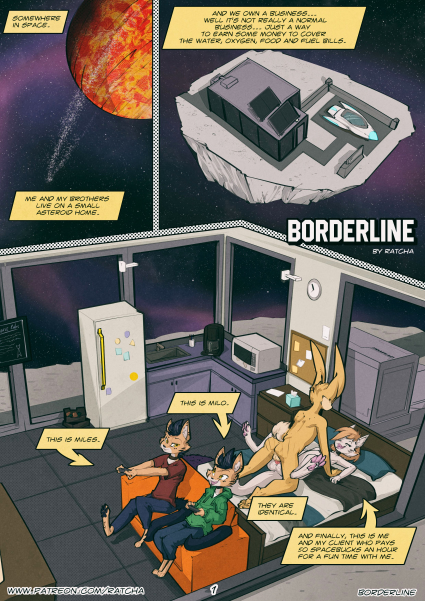 absurd_res borderline_(ratcha) brother brother_and_sister brothers comic english_text female hi_res owlalope page_1 patreon_username penis ratcha sibling sister space straight tagme text