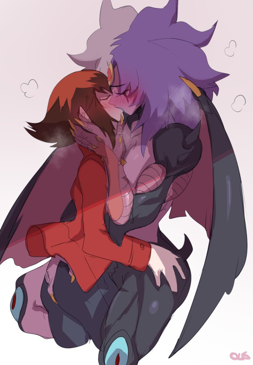 1boy 3_eyes blue_lips blush breast brown_hair closed_eyes demon demon_wings female grey_hair hand_on_ass hand_on_cheek highres jaden_yuki kissing lightsource long_hair medium_hair monster_girl multi_eye passionate passionate_kiss purple_hair purple_skin scalie single_breast smaller_male steam two_tone_hair white_background yu-gi-oh! yu-gi-oh!_gx yubel