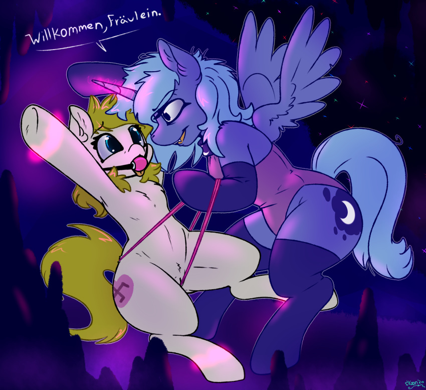 2020 alicorn armwear aryanne_(mlp) ball_gag blonde_hair blue_eyes blue_hair bound clothed clothed_feral clothing cutie_mark dialogue duo elbow_gloves equid equine fan_character feathered_wings feathers female female/female feral feral_on_feral friendship_is_magic gag genitals german_text gloves hair handwear hasbro hi_res horn horse inner_ear_fluff legwear magic_bound mammal my_little_pony pony princess_luna_(mlp) pussy pussy_floss restrained skoon stockings swastika text thong tuft underwear wings yuri