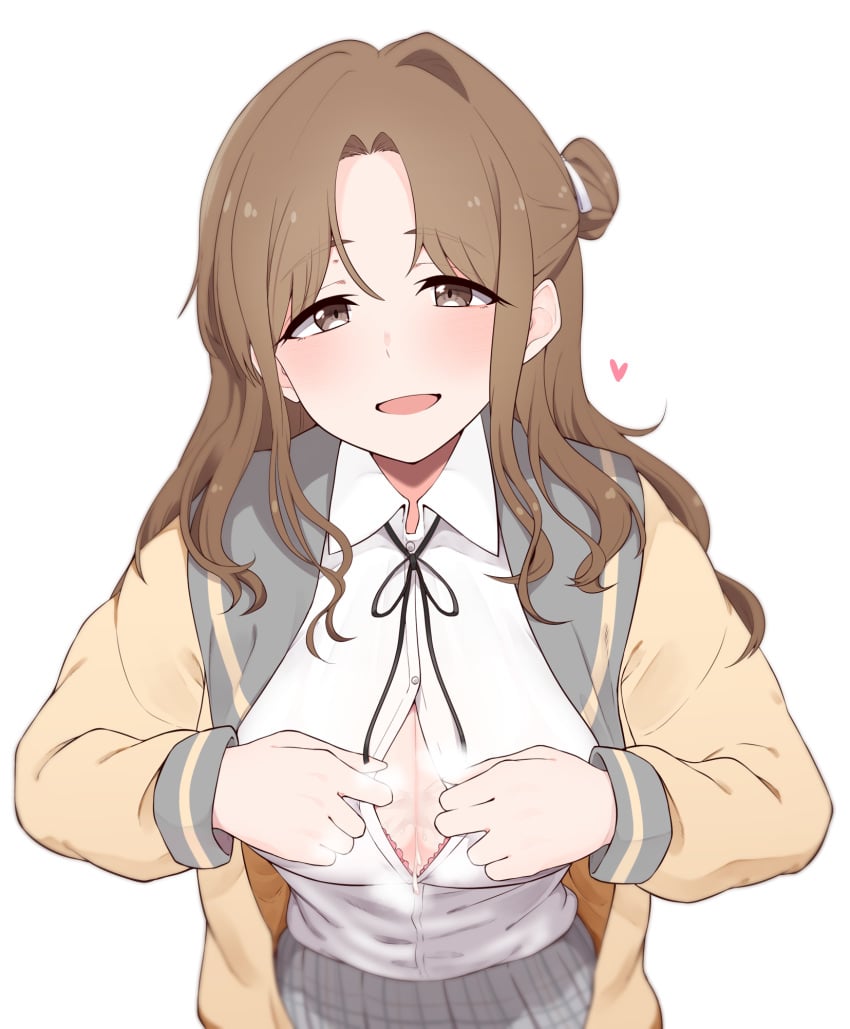 after_paizuri bangs black_ribbon blush bra breasts brown_eyes brown_hair brown_jacket collared_shirt commentary_request cum cum_on_body cum_on_breasts cum_on_upper_body eyebrows_visible_through_hair female from_above hair_bun hair_ornament half-closed_eyes heart highres ichikawa_hinana idolmaster idolmaster_shiny_colors jacket large_breasts long_hair long_sleeves looking_at_viewer minakamirin neck_ribbon open_clothes open_jacket open_mouth pleated_skirt ribbon shirt side_bun simple_background skirt smile two-tone_jacket underwear white_background white_shirt