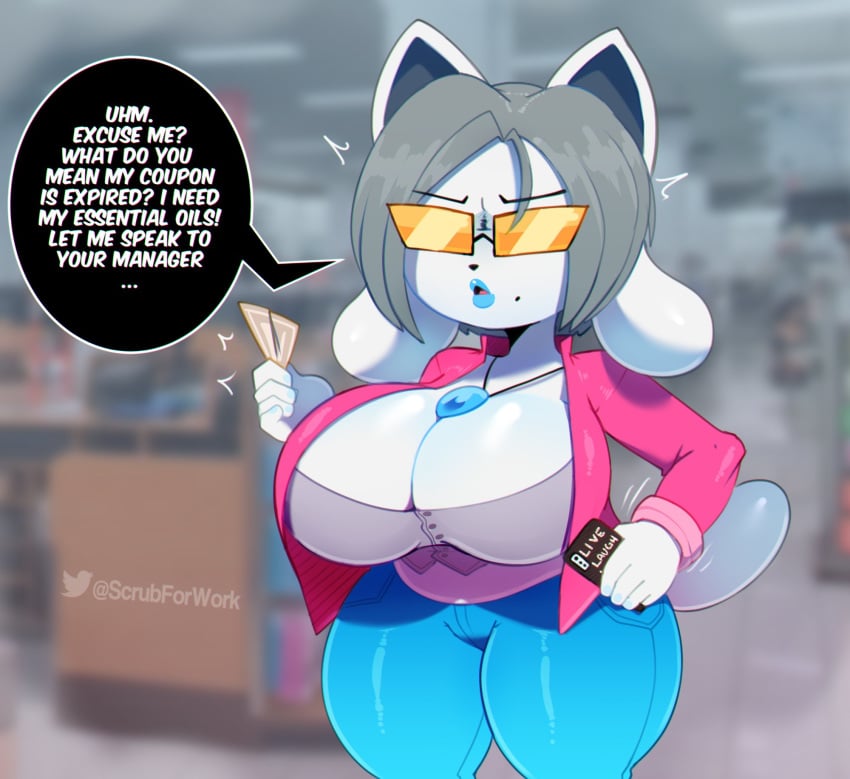 1girls angry animal_ears anthro beauty_mark big_breasts blue_lipstick breasts buttons cat_ears cleavage clothed clothed_female clothing colored coupon curvy dialogue english_dialogue english_text female female_only frown fully_clothed fur furry furry_only glasses grey_hair hair huge_breasts jacket jeans karen karen_temmie large_breasts lips lipstick long_ears meme necklace open_clothes open_jacket phone short_hair slightly_chubby solo solo_female somescrub standing tail temmie temren_(jyto) text thick_thighs tight_clothing twitter_username undertale undertale_(series) voluptuous watermark white_skin